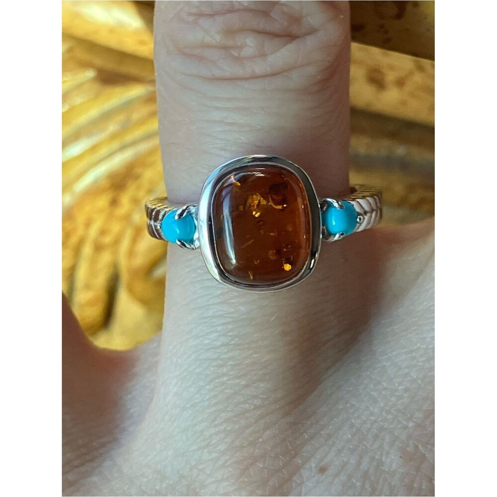 Baltic Amber Sleeping Beauty Turquoise Sterling Silver Ring Size 7